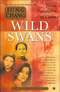 The cover of Wild Swans by Jung Chang. On the cover there are three women's portraits. The top one is a woman in traditional look, probably in Minguo period (1912-1949). The middle one is wearing a military hat with a star on it. Apparently, she is a member of People's Liberation Army. The bottom one is a modern lady. The cover has a blurred background of traditional Chinese buildings and Chinese characters. 