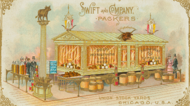 A Swift & Co. trade card advertising its refrigerator line of train cars, circa 1893. 